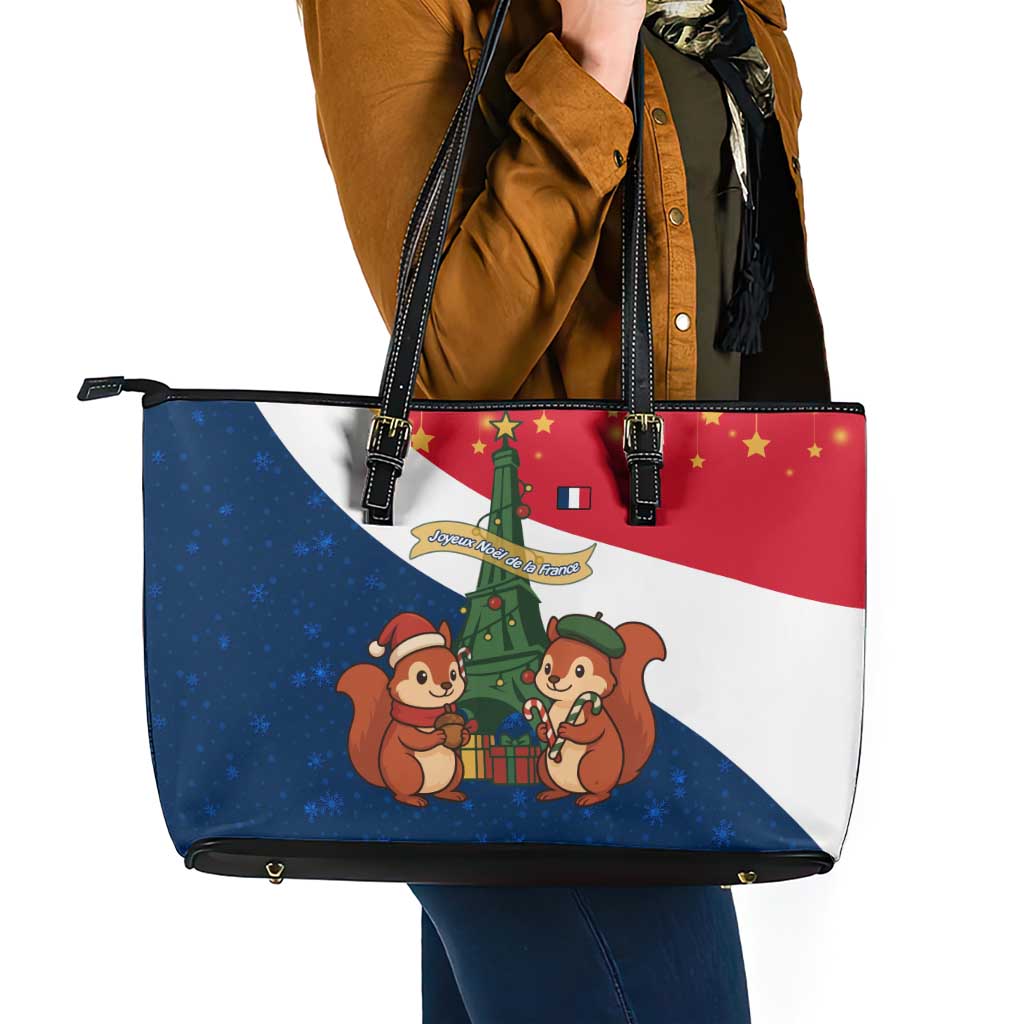 France Christmas Leather Tote Bag with Eiffel Tower Chipmunks Candy Canes and Starry Night Design - Wonder Print Shop