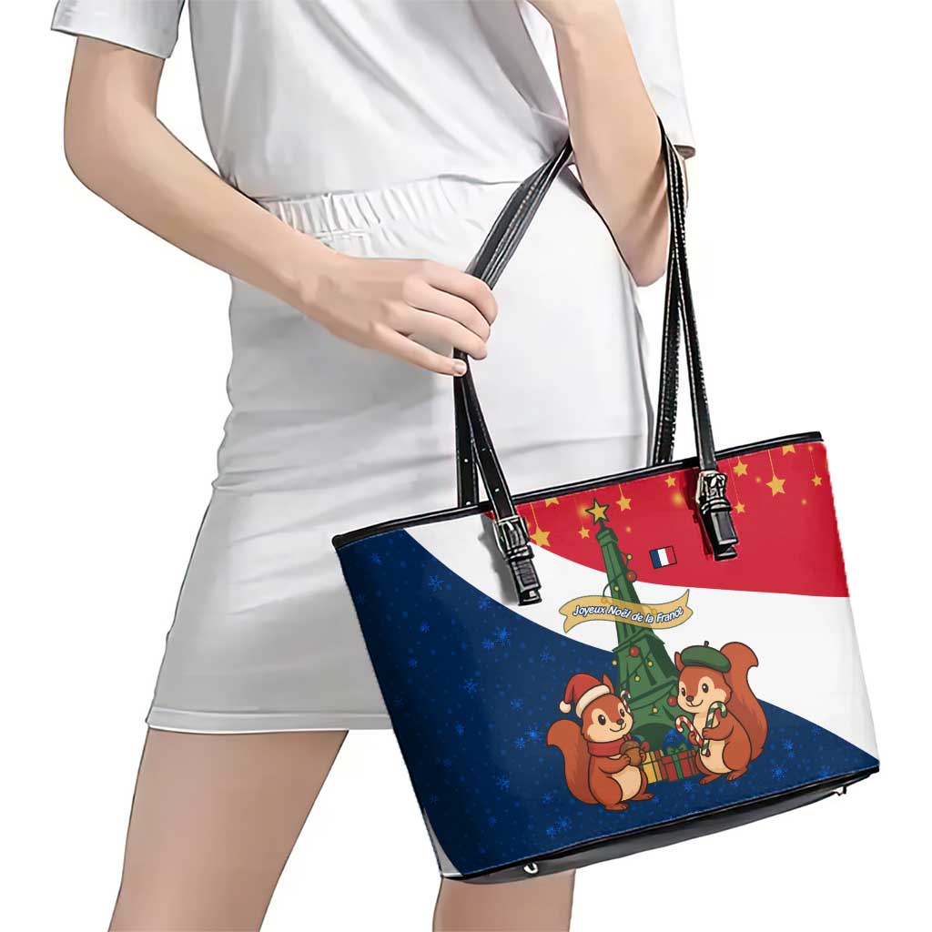 France Christmas Leather Tote Bag with Eiffel Tower Chipmunks Candy Canes and Starry Night Design - Wonder Print Shop