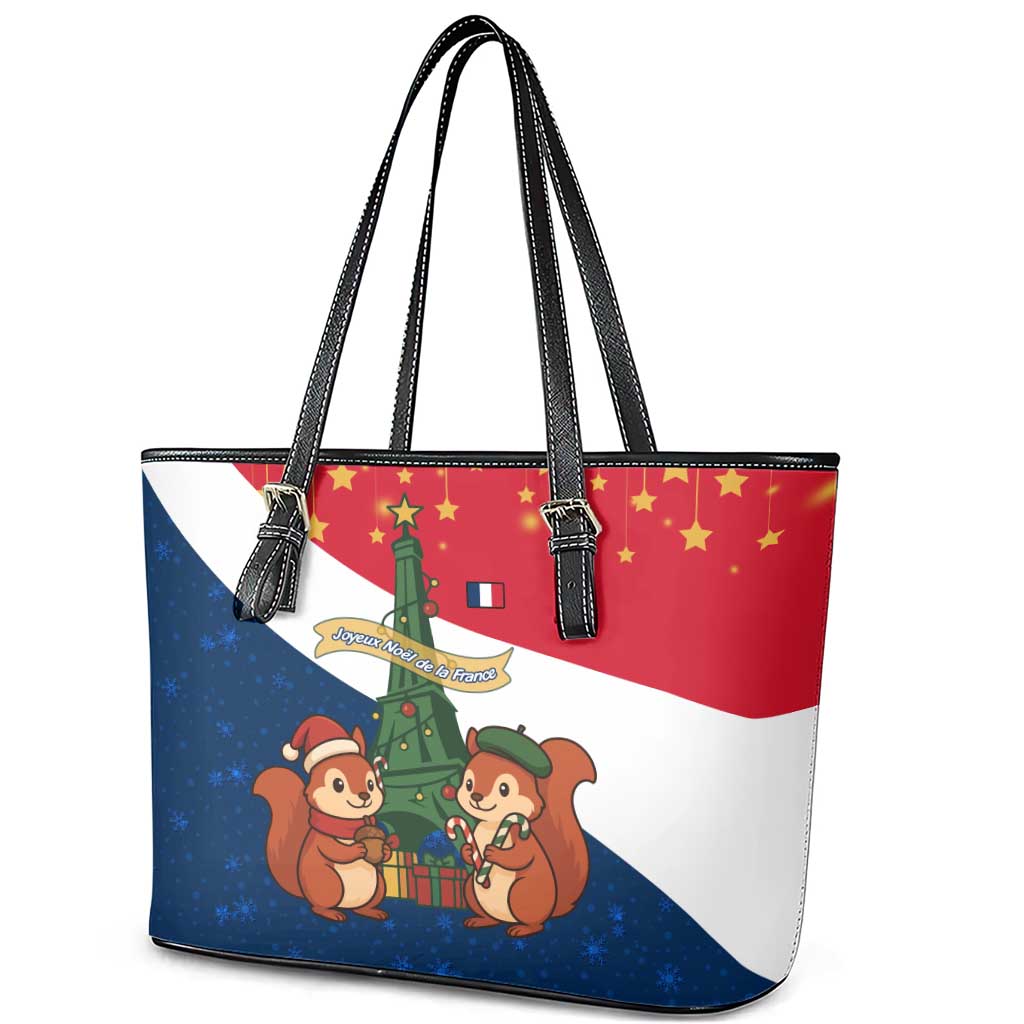 France Christmas Leather Tote Bag with Eiffel Tower Chipmunks Candy Canes and Starry Night Design - Wonder Print Shop