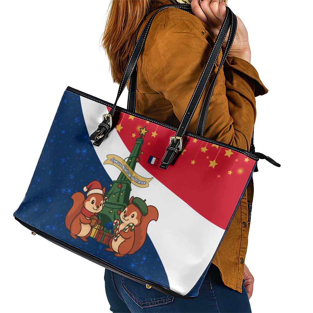 France Christmas Leather Tote Bag with Eiffel Tower Chipmunks Candy Canes and Starry Night Design - Wonder Print Shop