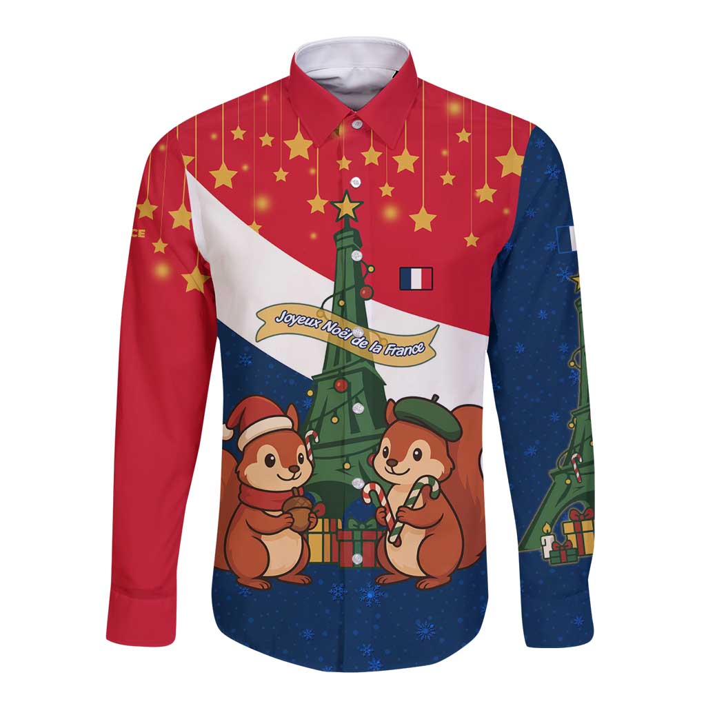 France Christmas Long Sleeve Button Shirt with Eiffel Tower Chipmunks Candy Canes and Starry Night Design - Wonder Print Shop