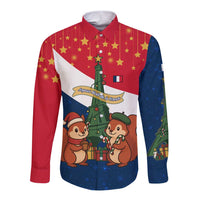 France Christmas Long Sleeve Button Shirt with Eiffel Tower Chipmunks Candy Canes and Starry Night Design - Wonder Print Shop