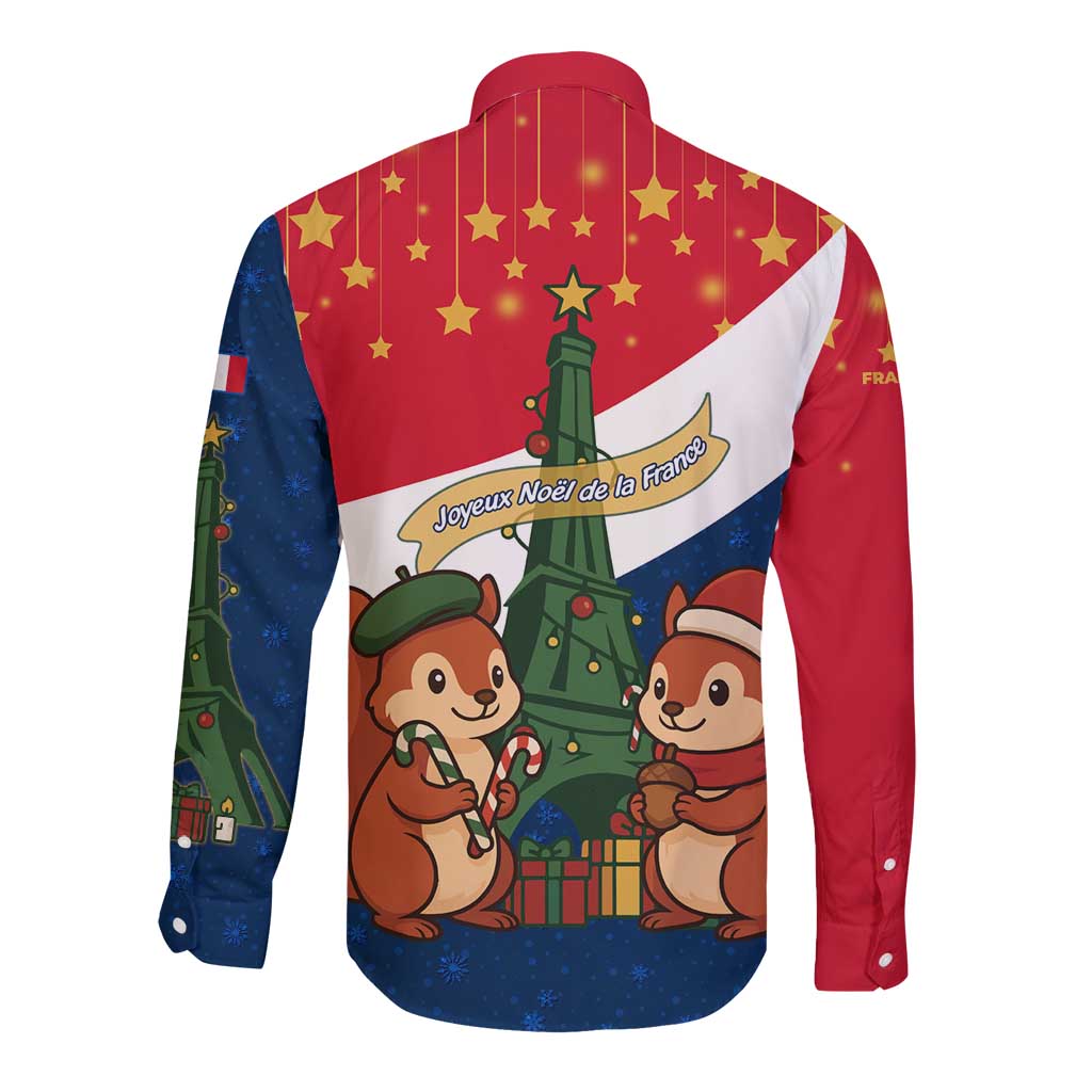 France Christmas Long Sleeve Button Shirt with Eiffel Tower Chipmunks Candy Canes and Starry Night Design - Wonder Print Shop