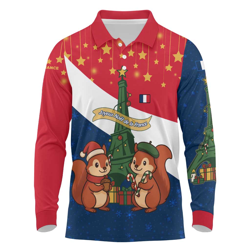 France Christmas Long Sleeve Polo Shirt with Eiffel Tower Chipmunks Candy Canes and Starry Night Design - Wonder Print Shop