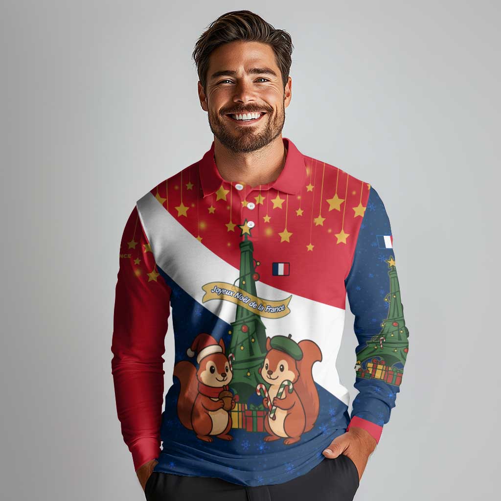 France Christmas Long Sleeve Polo Shirt with Eiffel Tower Chipmunks Candy Canes and Starry Night Design - Wonder Print Shop