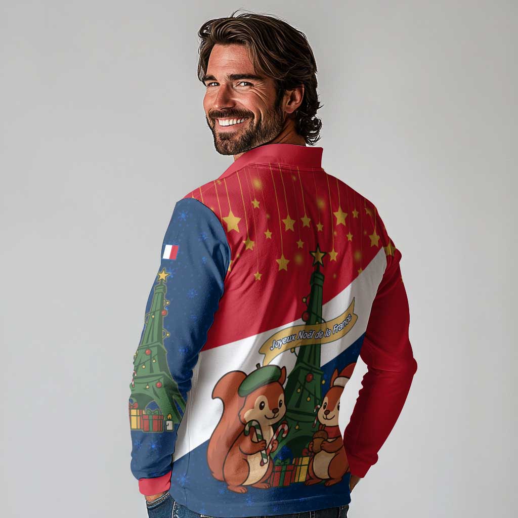 France Christmas Long Sleeve Polo Shirt with Eiffel Tower Chipmunks Candy Canes and Starry Night Design - Wonder Print Shop