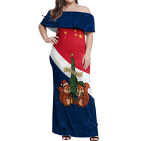 France Christmas Off Shoulder Maxi Dress with Eiffel Tower Chipmunks Candy Canes and Starry Night Design - Wonder Print Shop