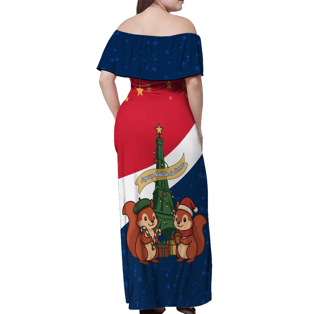 France Christmas Off Shoulder Maxi Dress with Eiffel Tower Chipmunks Candy Canes and Starry Night Design - Wonder Print Shop