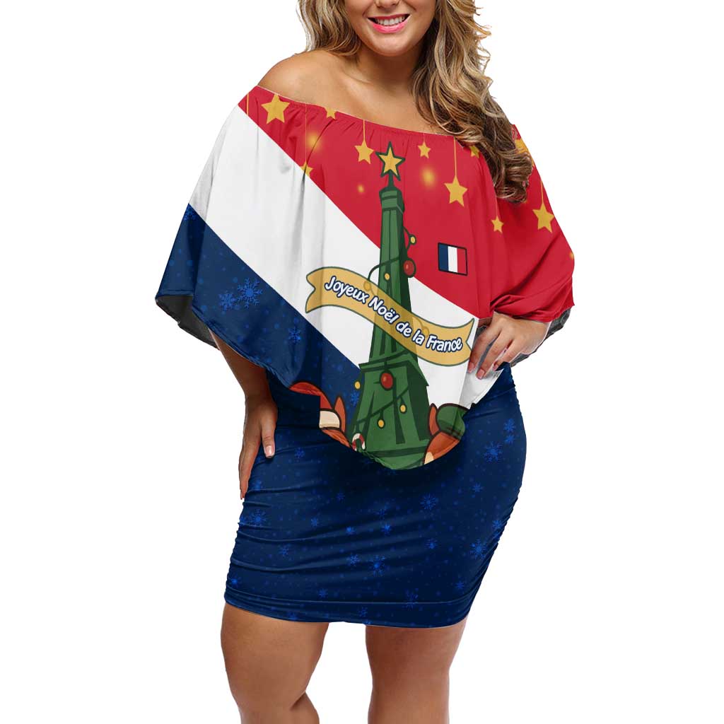 France Christmas Off Shoulder Short Dress with Eiffel Tower Chipmunks Candy Canes and Starry Night Design - Wonder Print Shop