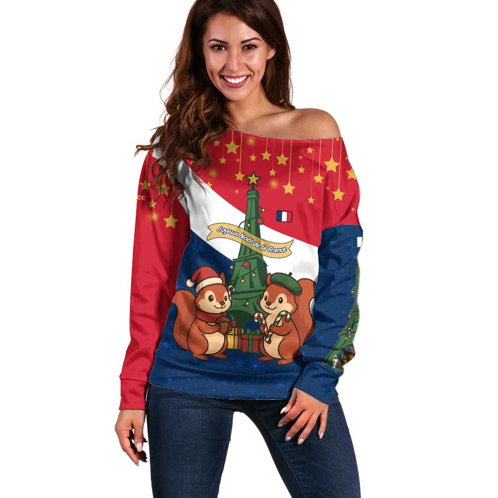 France Christmas Off Shoulder Sweater with Eiffel Tower Chipmunks Candy Canes and Starry Night Design - Wonder Print Shop