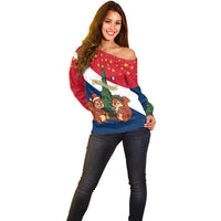 France Christmas Off Shoulder Sweater with Eiffel Tower Chipmunks Candy Canes and Starry Night Design - Wonder Print Shop