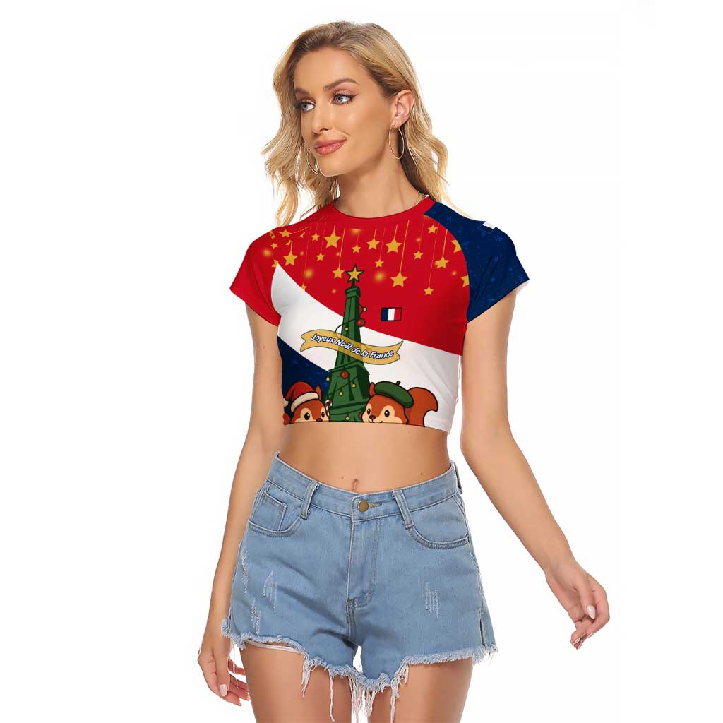 France Christmas Raglan Cropped T Shirt with Eiffel Tower Chipmunks Candy Canes and Starry Night Design - Wonder Print Shop