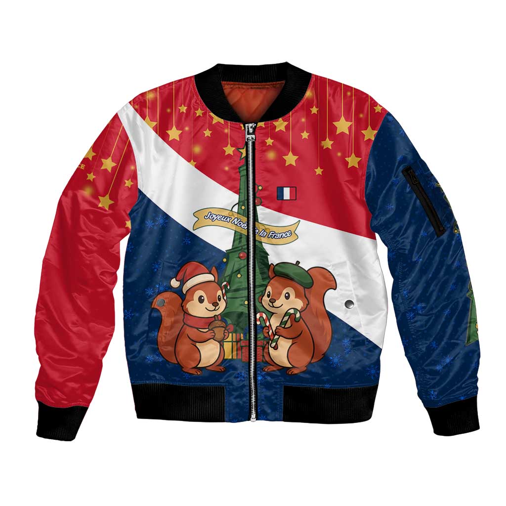 France Christmas Sleeve Zip Bomber Jacket with Eiffel Tower Chipmunks Candy Canes and Starry Night Design - Wonder Print Shop