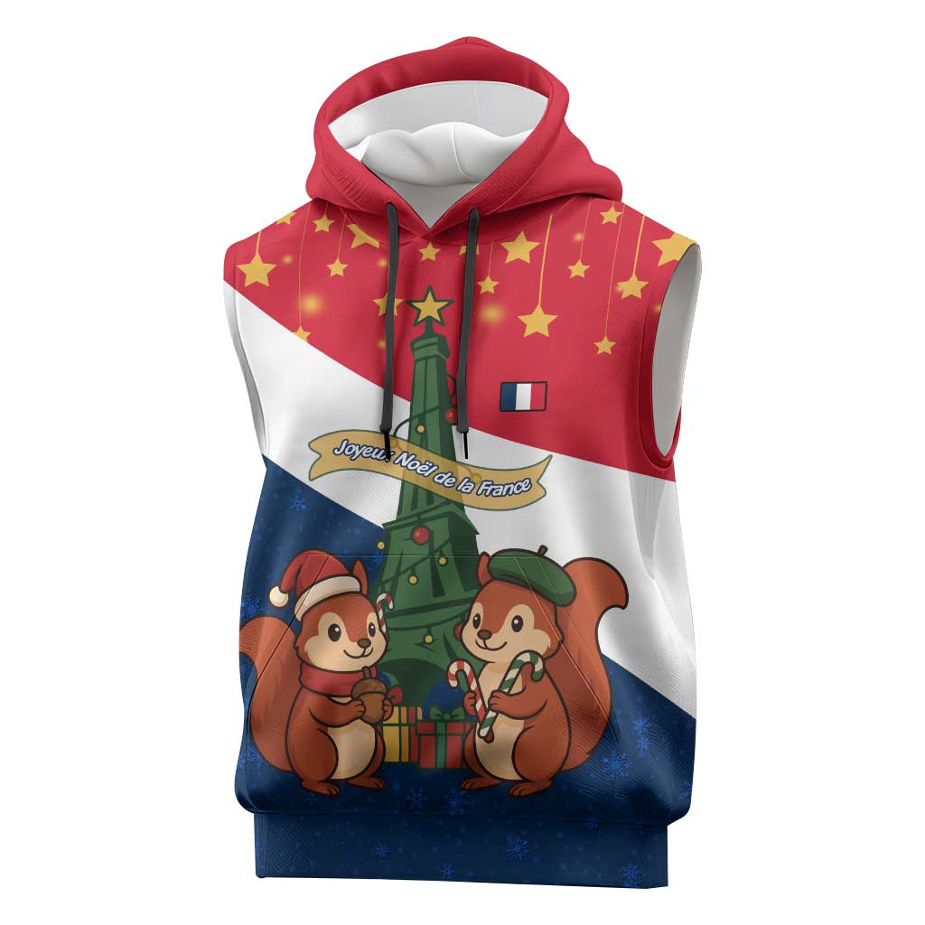 France Christmas Sleeveless Hoodie with Eiffel Tower Chipmunks Candy Canes and Starry Night Design - Wonder Print Shop
