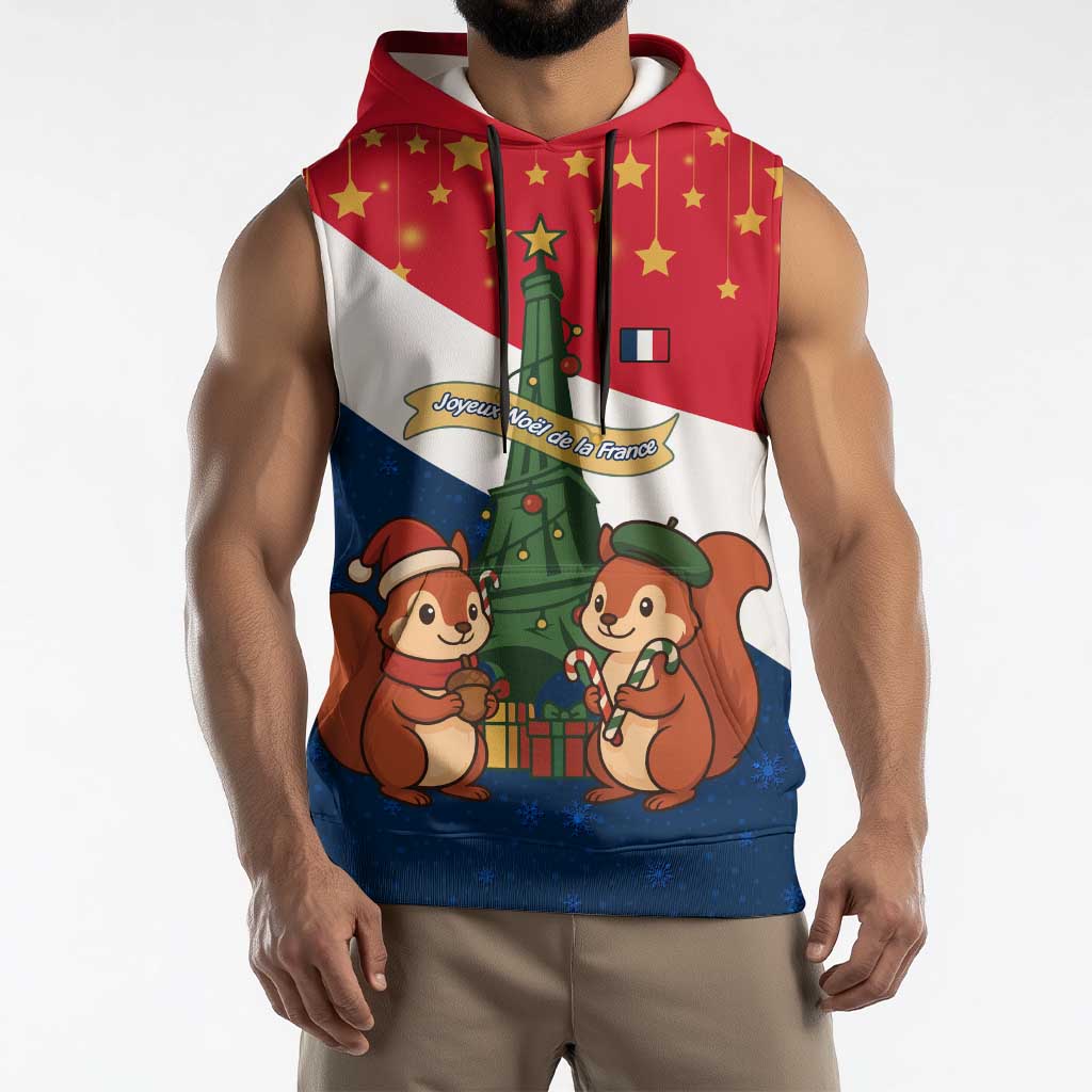 France Christmas Sleeveless Hoodie with Eiffel Tower Chipmunks Candy Canes and Starry Night Design - Wonder Print Shop