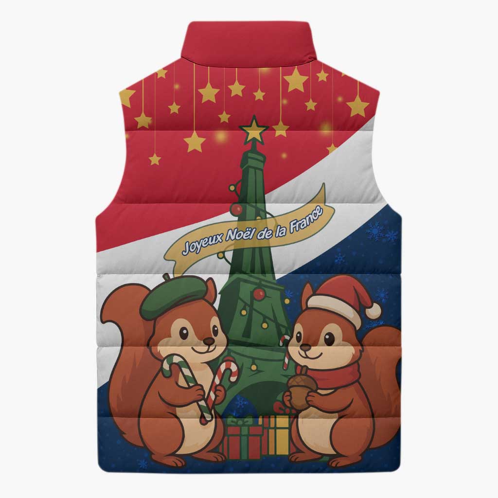 France Christmas Sleeveless Puffer Jacket with Eiffel Tower Chipmunks Candy Canes and Starry Night Design - Wonder Print Shop
