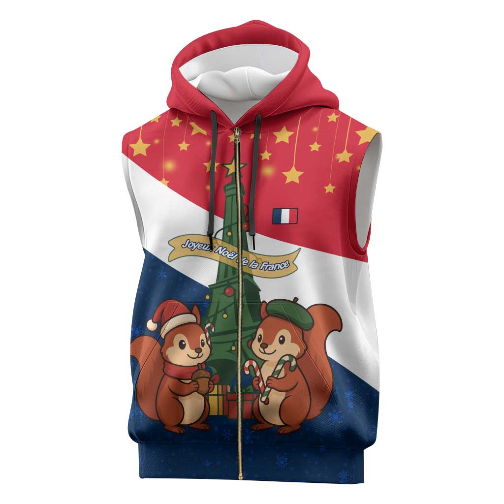 France Christmas Sleeveless Zip Hoodie with Eiffel Tower Chipmunks Candy Canes and Starry Night Design - Wonder Print Shop
