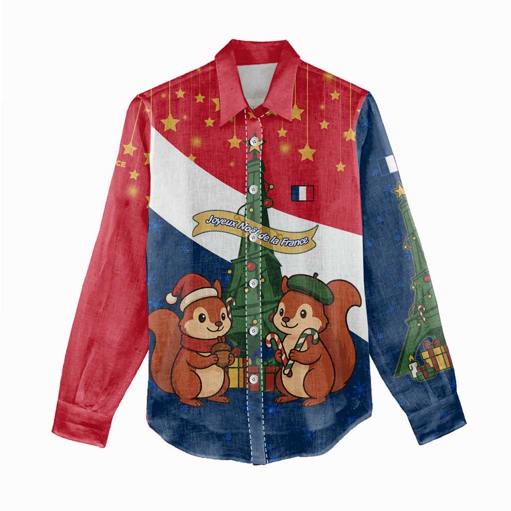 France Christmas Women Casual Shirt with Eiffel Tower Chipmunks Candy Canes and Starry Night Design - Wonder Print Shop