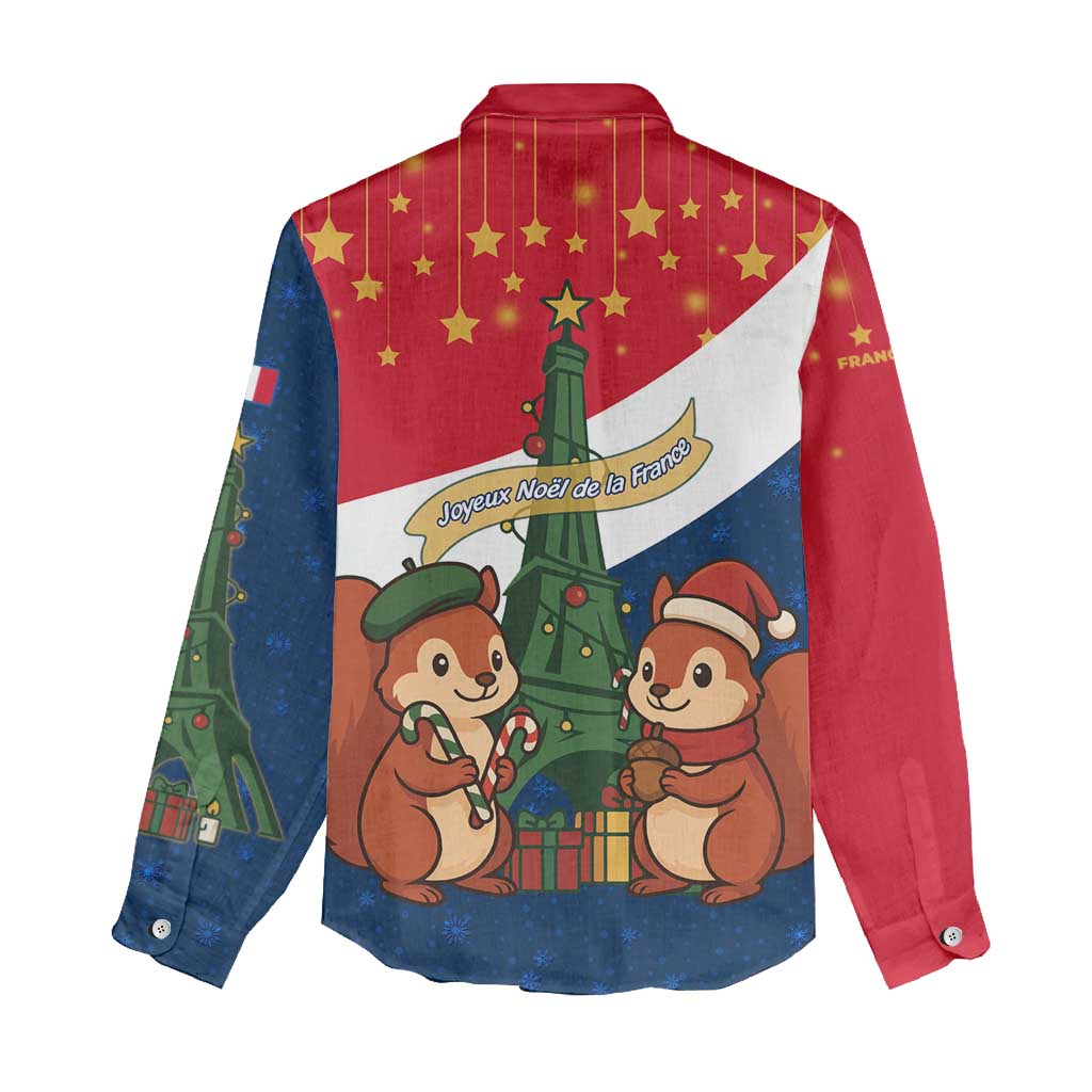 France Christmas Women Casual Shirt with Eiffel Tower Chipmunks Candy Canes and Starry Night Design - Wonder Print Shop