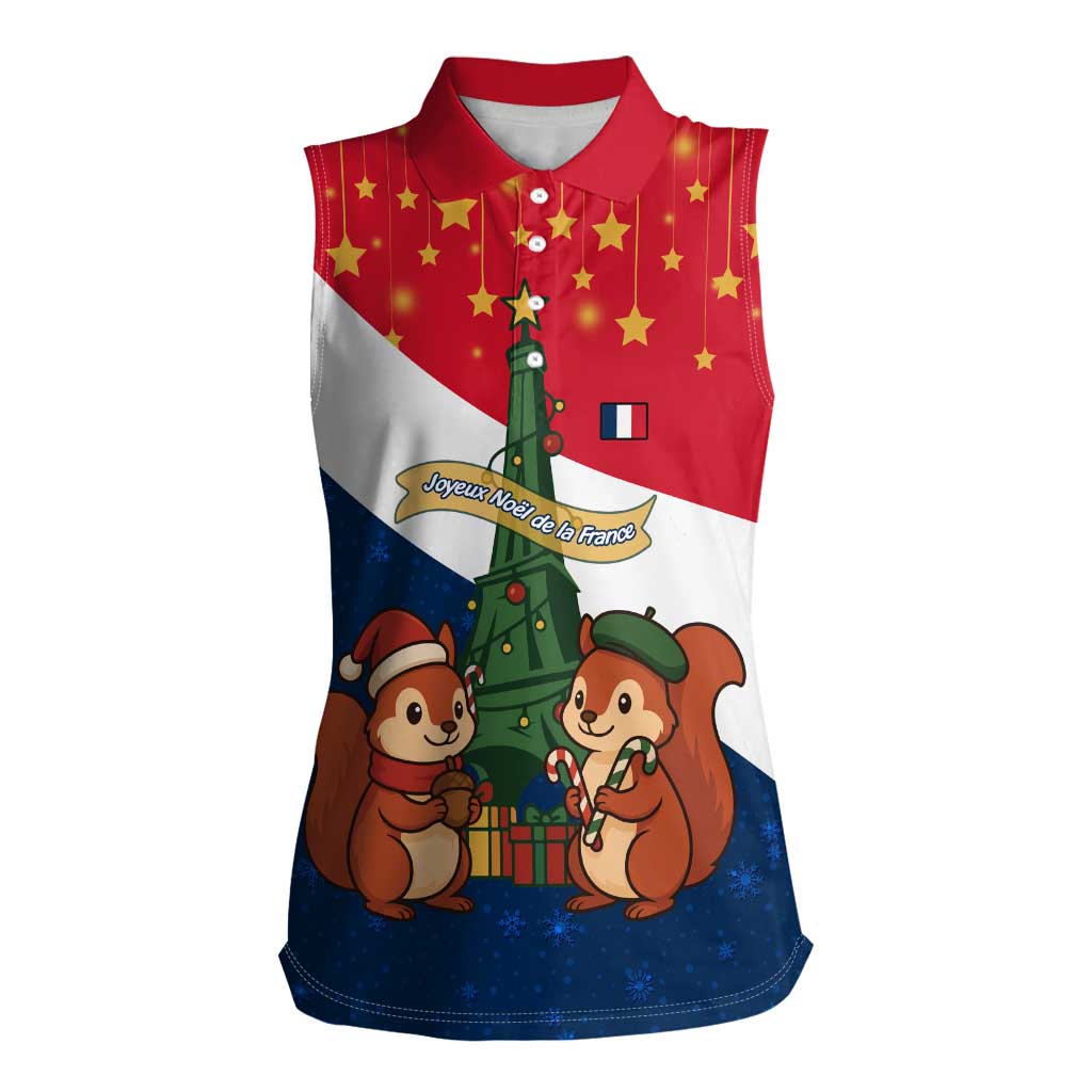 France Christmas Women Sleeveless Polo Shirt with Eiffel Tower Chipmunks Candy Canes and Starry Night Design - Wonder Print Shop