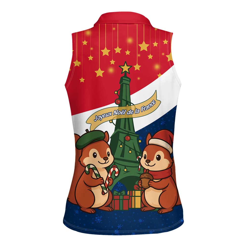 France Christmas Women Sleeveless Polo Shirt with Eiffel Tower Chipmunks Candy Canes and Starry Night Design - Wonder Print Shop