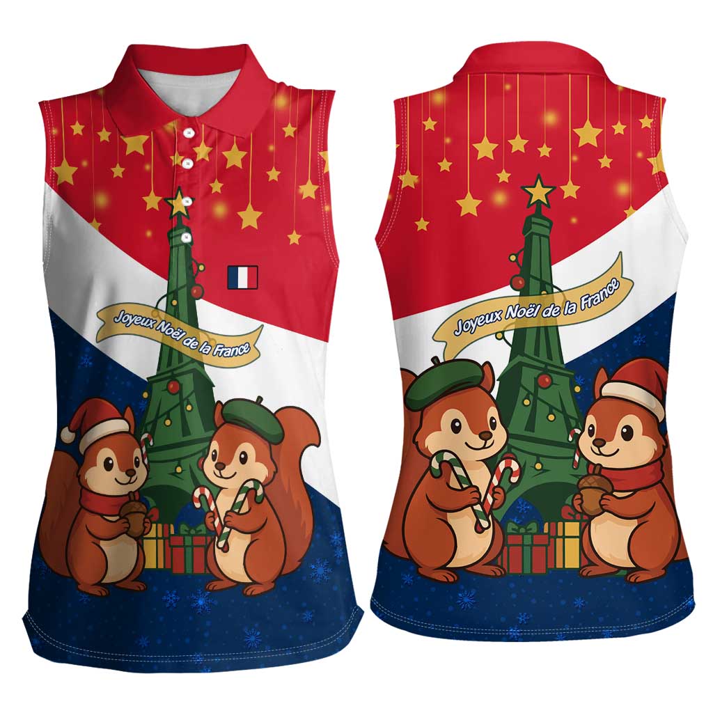 France Christmas Women Sleeveless Polo Shirt with Eiffel Tower Chipmunks Candy Canes and Starry Night Design - Wonder Print Shop