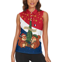 France Christmas Women Sleeveless Polo Shirt with Eiffel Tower Chipmunks Candy Canes and Starry Night Design - Wonder Print Shop