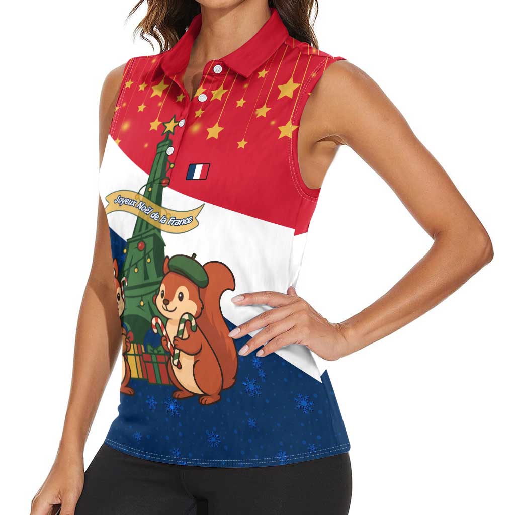 France Christmas Women Sleeveless Polo Shirt with Eiffel Tower Chipmunks Candy Canes and Starry Night Design - Wonder Print Shop