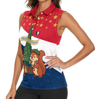 France Christmas Women Sleeveless Polo Shirt with Eiffel Tower Chipmunks Candy Canes and Starry Night Design - Wonder Print Shop