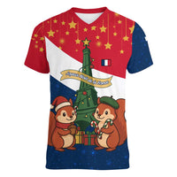 France Christmas Women V-Neck T-Shirt with Eiffel Tower Chipmunks Candy Canes and Starry Night Design - Wonder Print Shop