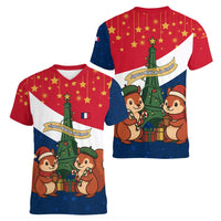 France Christmas Women V-Neck T-Shirt with Eiffel Tower Chipmunks Candy Canes and Starry Night Design - Wonder Print Shop