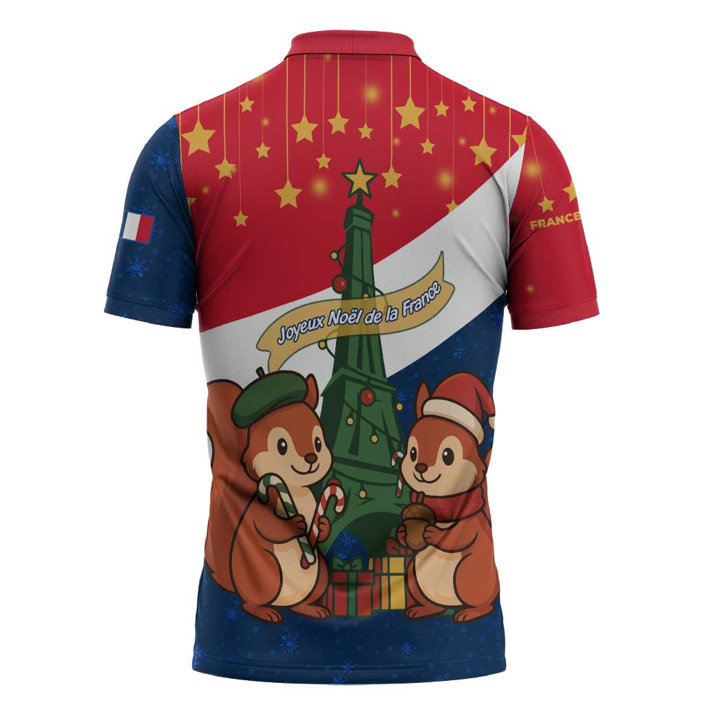 France Christmas Zipper Polo Shirt with Eiffel Tower Chipmunks Candy Canes and Starry Night Design - Wonder Print Shop
