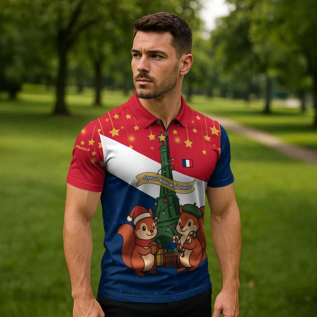 France Christmas Zipper Polo Shirt with Eiffel Tower Chipmunks Candy Canes and Starry Night Design - Wonder Print Shop