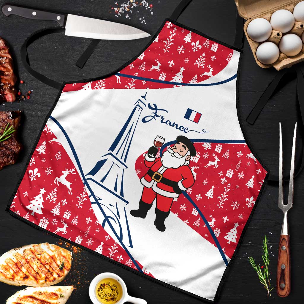 France Christmas Apron with Santa Wine Glass Eiffel Tower and Holiday Icons Design - Wonder Print Shop