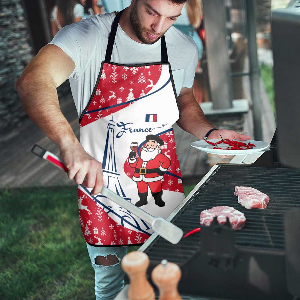 France Christmas Apron with Santa Wine Glass Eiffel Tower and Holiday Icons Design - Wonder Print Shop