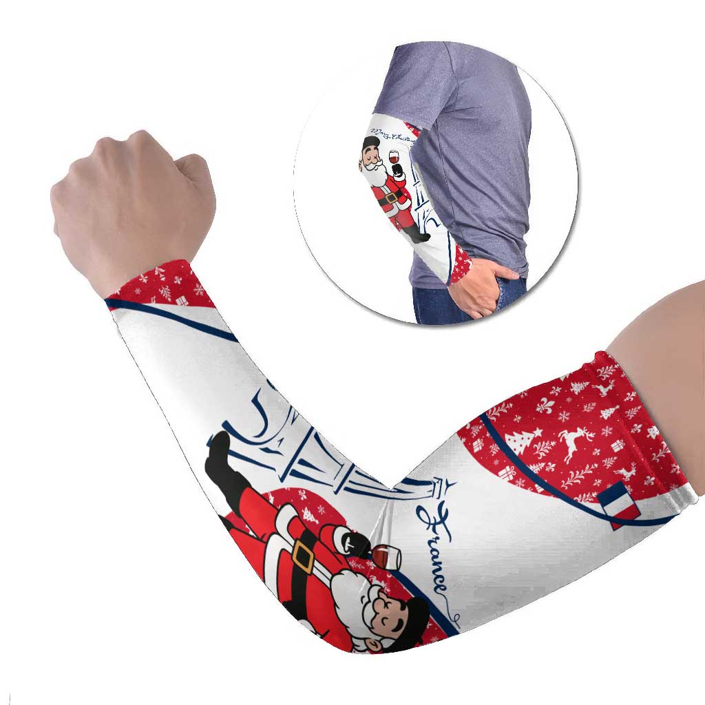 France Christmas Arm Sleeves with Santa Wine Glass Eiffel Tower and Holiday Icons Design - Wonder Print Shop