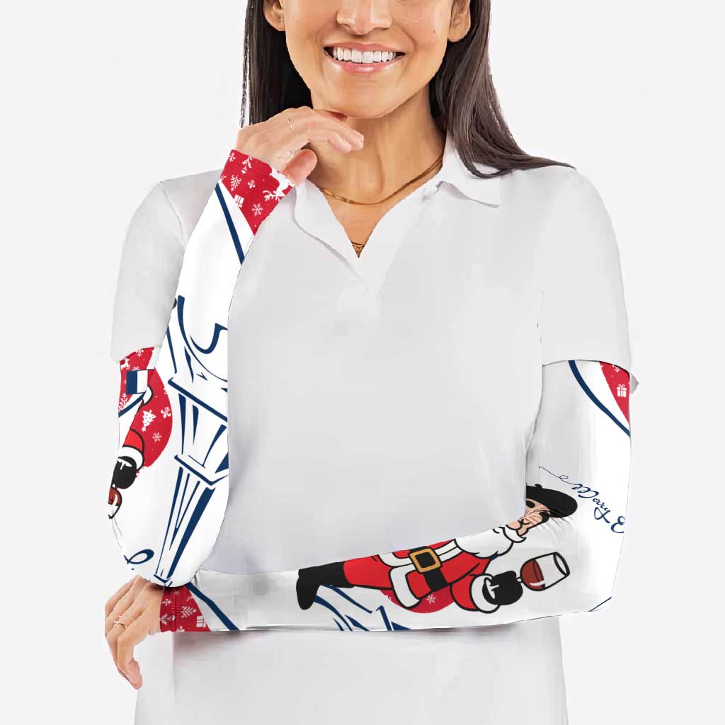 France Christmas Arm Sleeves with Santa Wine Glass Eiffel Tower and Holiday Icons Design - Wonder Print Shop