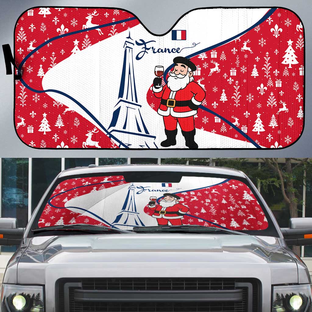 France Christmas Auto Sun Shade with Santa Wine Glass Eiffel Tower and Holiday Icons Design - Wonder Print Shop