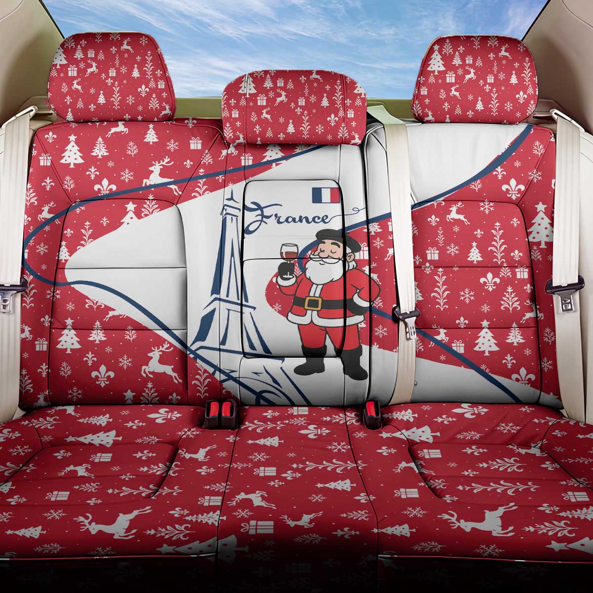 France Christmas Back Car Seat Cover with Santa Wine Glass Eiffel Tower and Holiday Icons Design - Wonder Print Shop