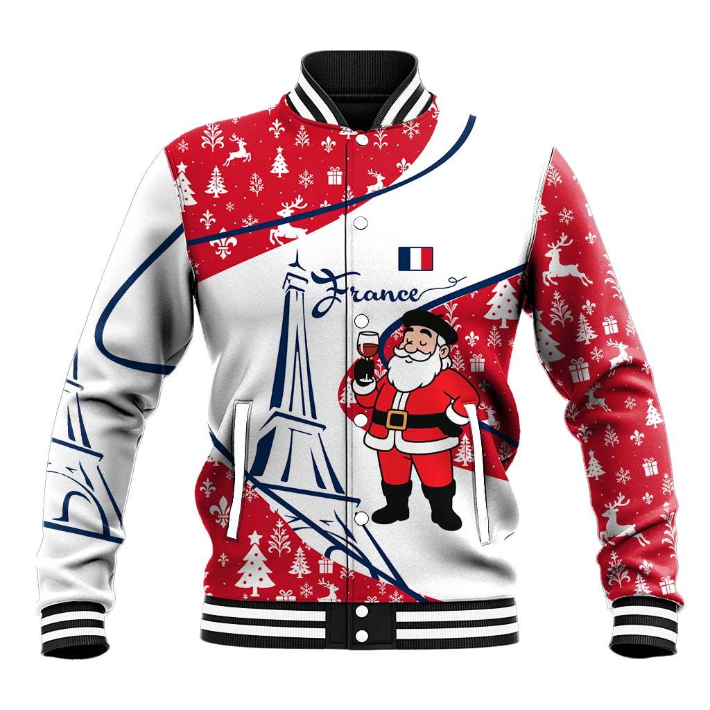 France Christmas Baseball Jacket with Santa Wine Glass Eiffel Tower and Holiday Icons Design - Wonder Print Shop