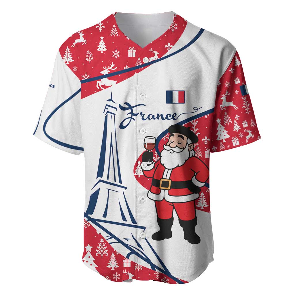 France Christmas Baseball Jersey with Santa Wine Glass Eiffel Tower and Holiday Icons Design - Wonder Print Shop