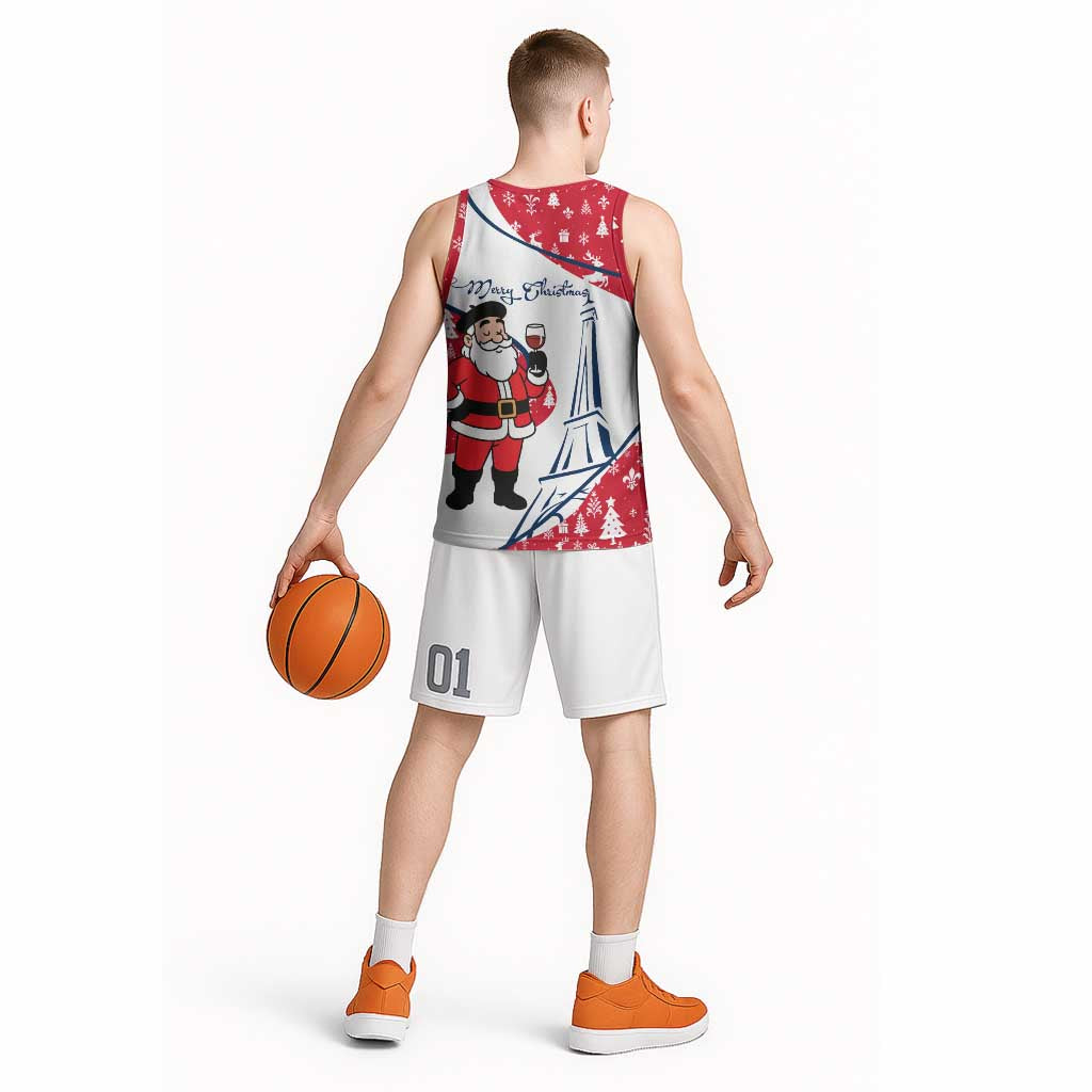 France Christmas Basketball Jersey with Santa Wine Glass Eiffel Tower and Holiday Icons Design - Wonder Print Shop