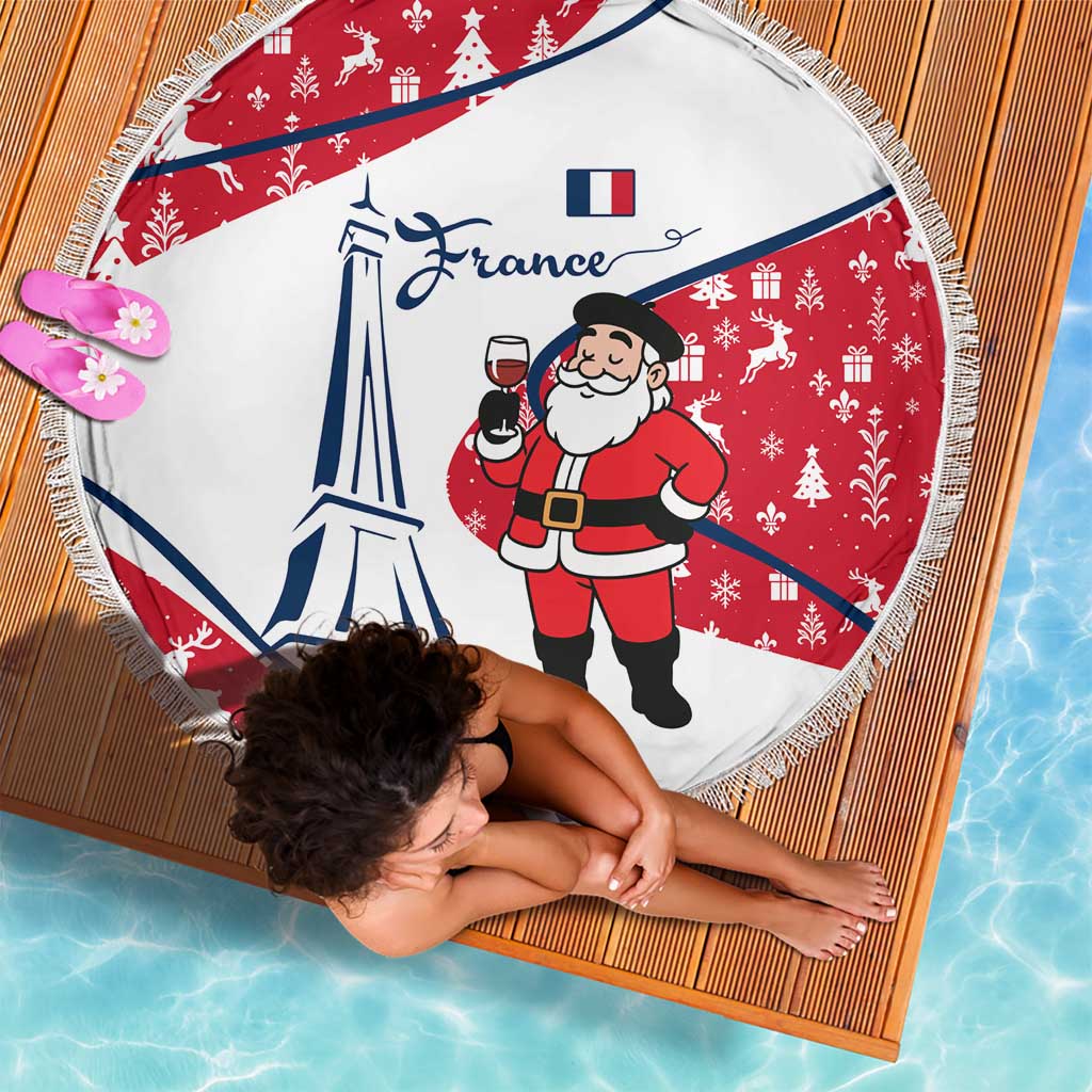 France Christmas Beach Blanket with Santa Wine Glass Eiffel Tower and Holiday Icons Design - Wonder Print Shop