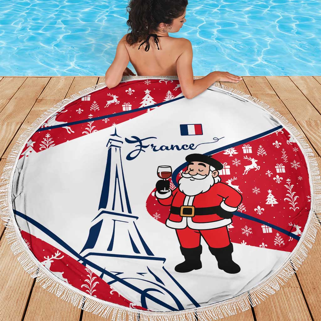 France Christmas Beach Blanket with Santa Wine Glass Eiffel Tower and Holiday Icons Design - Wonder Print Shop