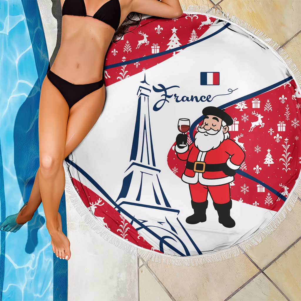 France Christmas Beach Blanket with Santa Wine Glass Eiffel Tower and Holiday Icons Design - Wonder Print Shop