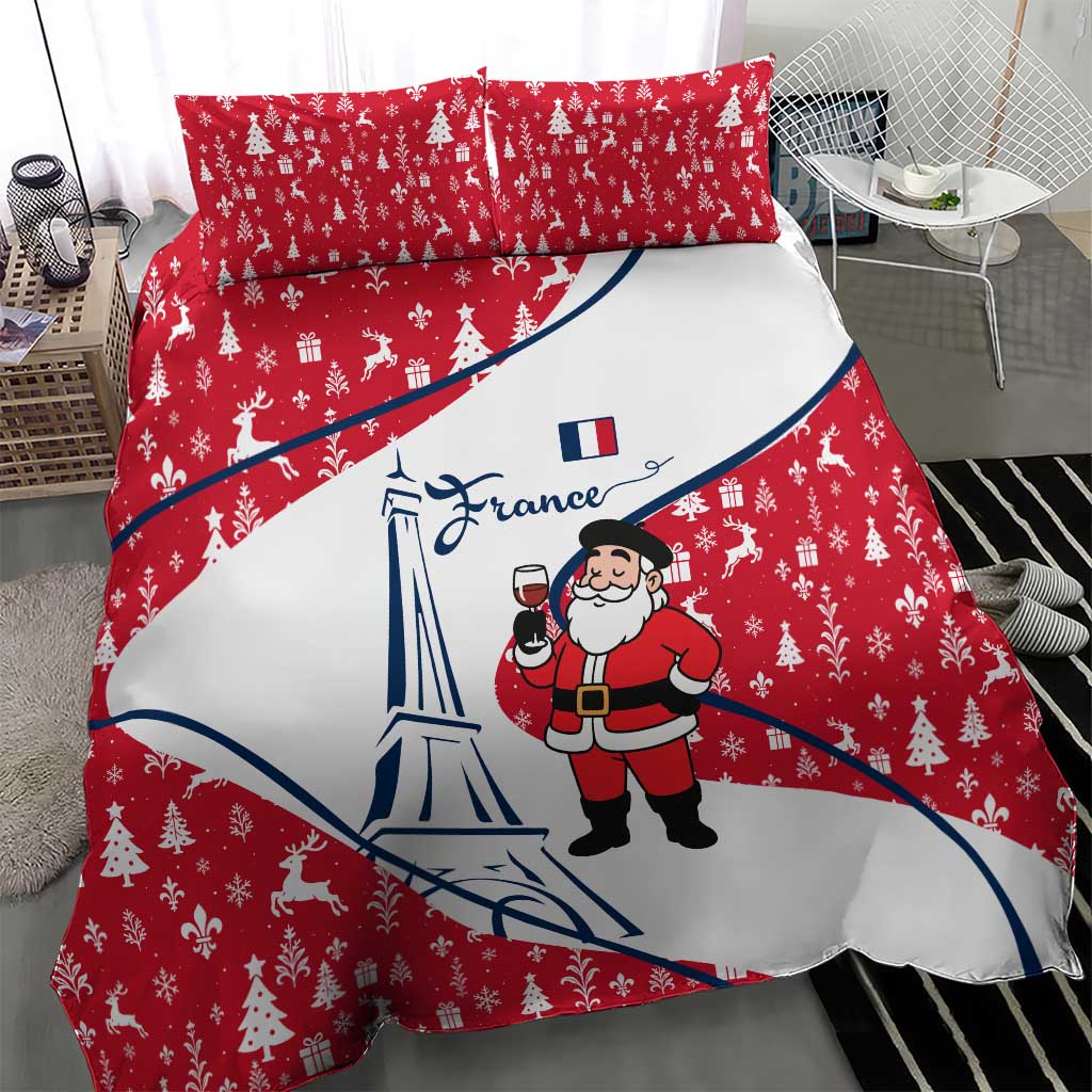 France Christmas Bedding Set with Santa Wine Glass Eiffel Tower and Holiday Icons Design - Wonder Print Shop