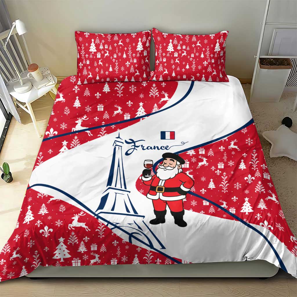 France Christmas Bedding Set with Santa Wine Glass Eiffel Tower and Holiday Icons Design - Wonder Print Shop