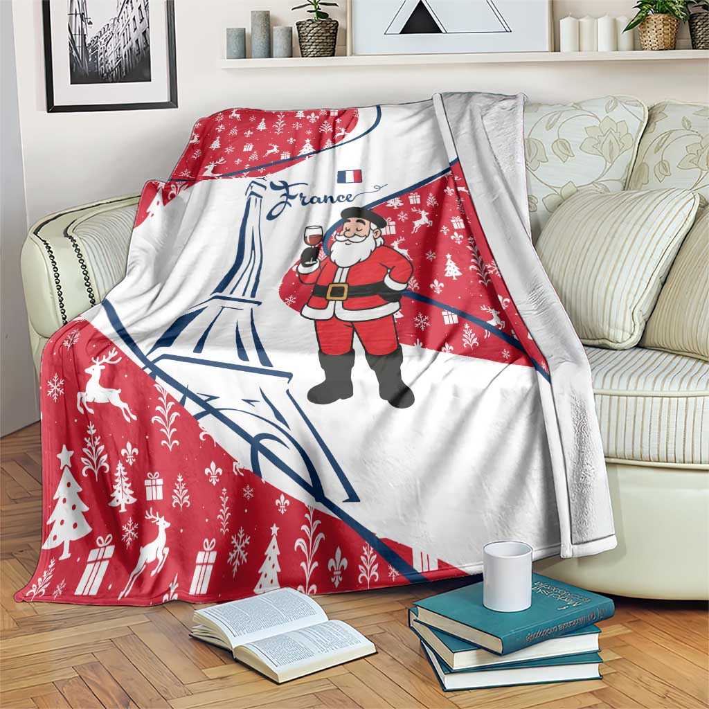 France Christmas Blanket with Santa Wine Glass Eiffel Tower and Holiday Icons Design - Wonder Print Shop