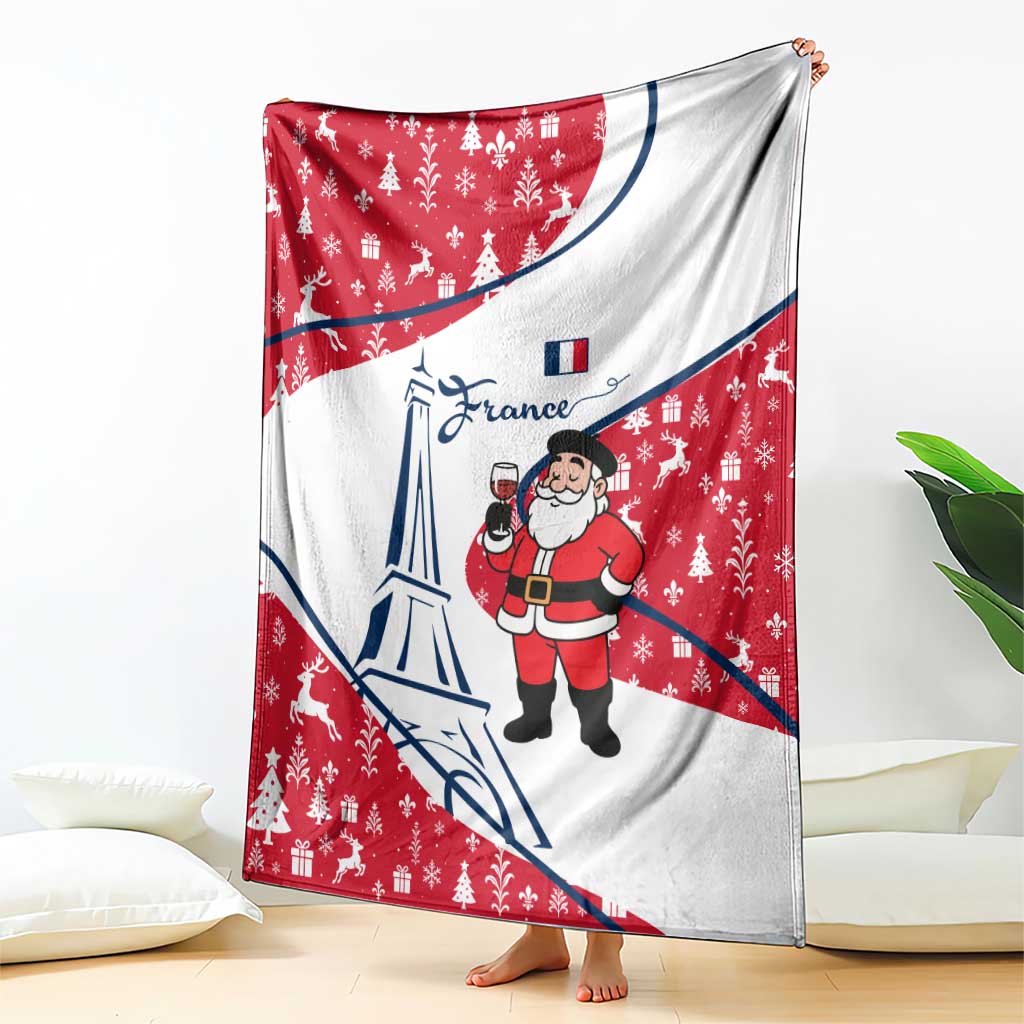 France Christmas Blanket with Santa Wine Glass Eiffel Tower and Holiday Icons Design - Wonder Print Shop