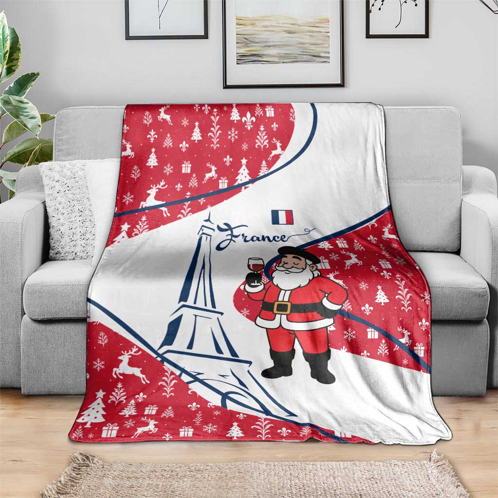 France Christmas Blanket with Santa Wine Glass Eiffel Tower and Holiday Icons Design - Wonder Print Shop